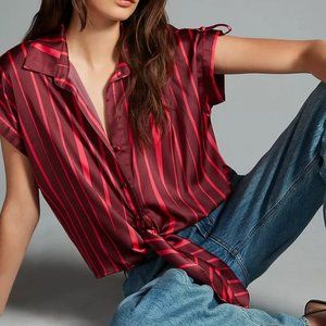 Anthropologie Hutch Satin Striped Tie Front Blouse XL